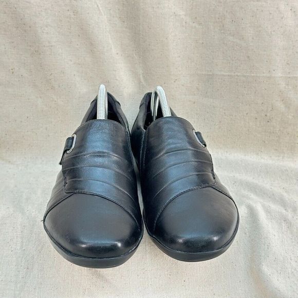 Clarks Collection Women 10 Black Leather Everlay Coda Slipon Casual Loafer Strap - Picture 2 of 8